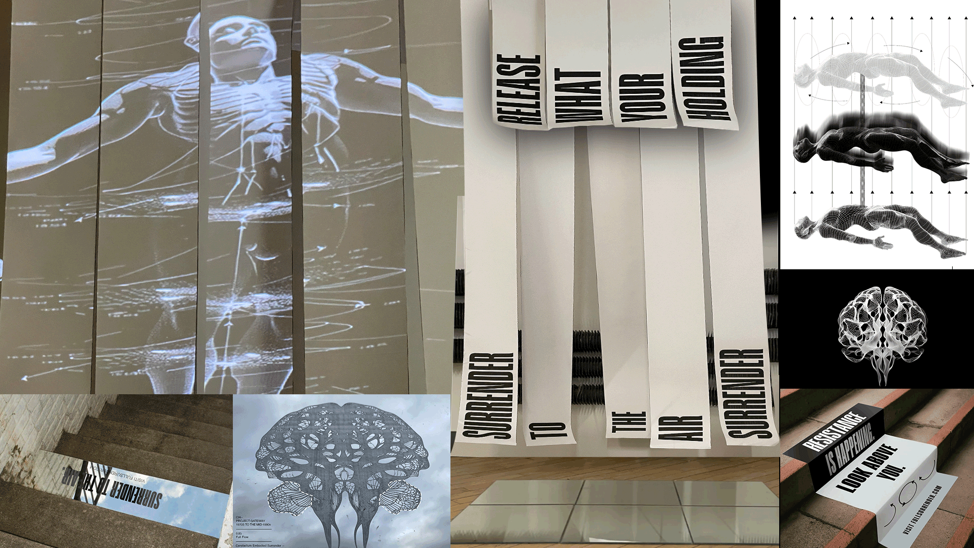 A collection of assets from Surrender to the air. Posters, OOH, Laser Print Brain Scans from CIA Project Gateway