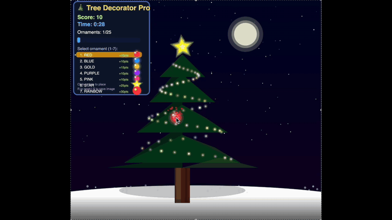 With the help of Claude.AI,] I created an interactive Christmas game that brings a playful, creative twist to the holiday season. Built in p5.js, the piece gives users only 30 seconds to design the most stunning Christmas tree they can—turning decoration into a moment of urgency and joy.