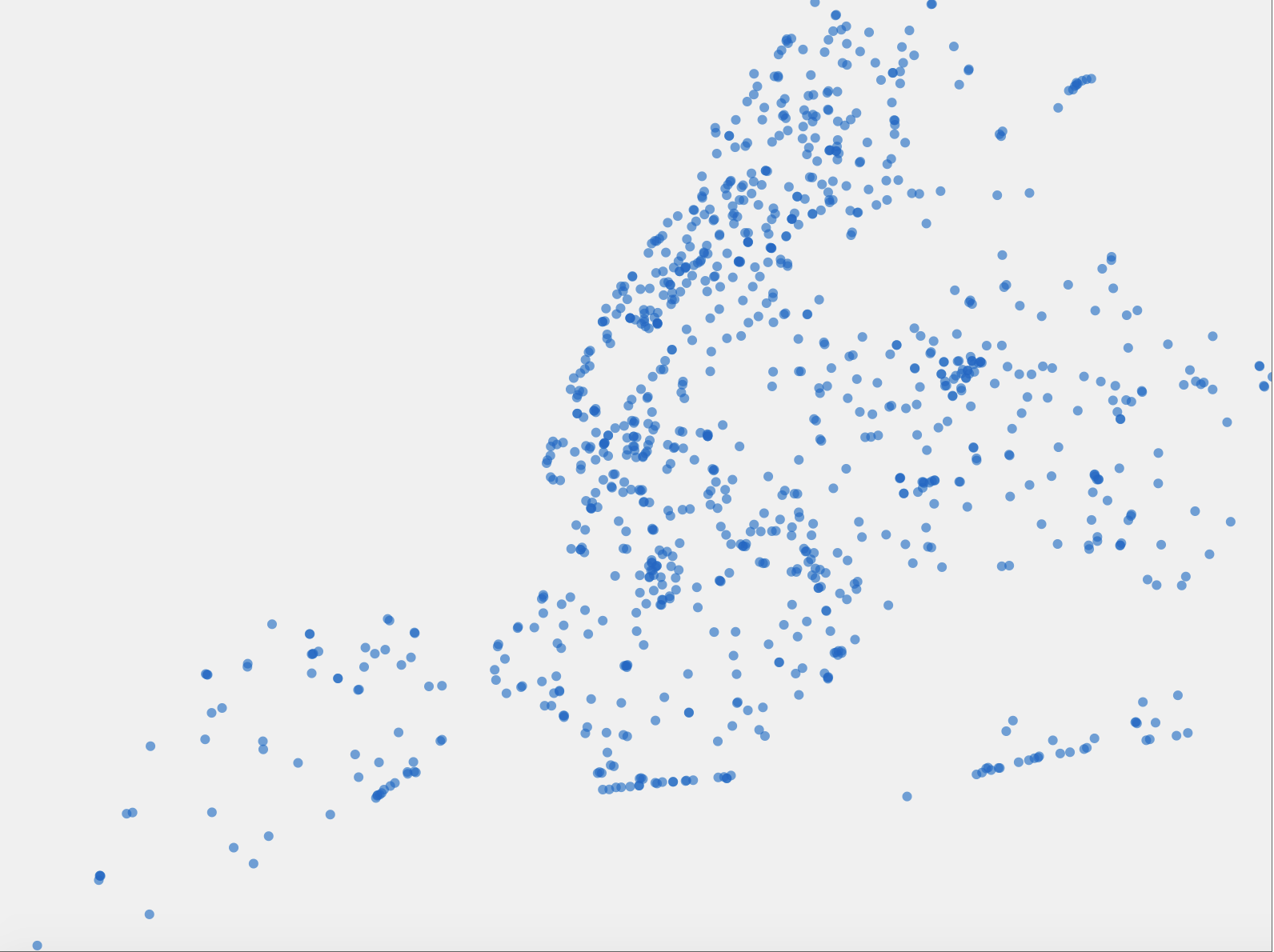 This was the beginning of using the NYC open data set. I wanted to see what it looked like in full across all of New York. The dots indicate each fountain.