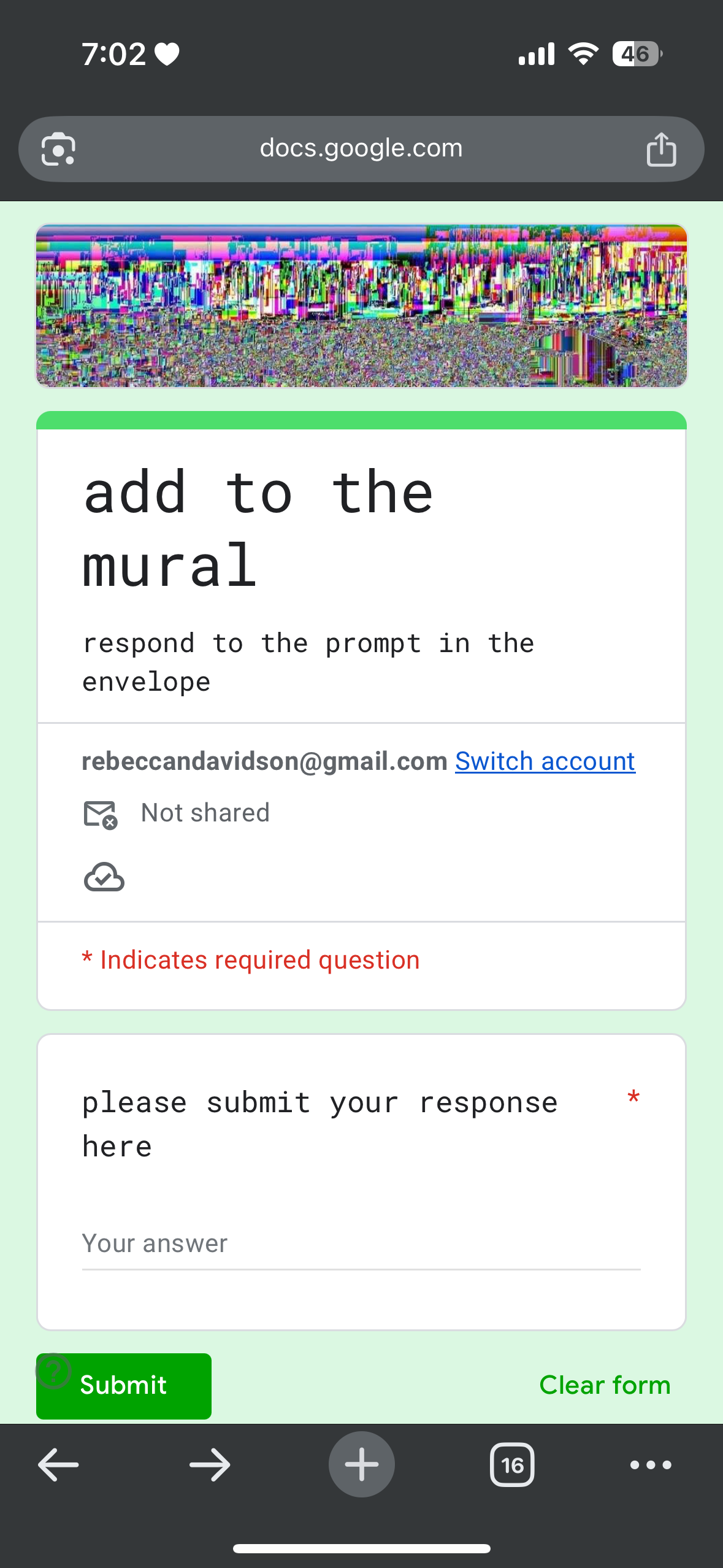 This is the page where the QR code takes the user, and allows them to input their response to the prompt.