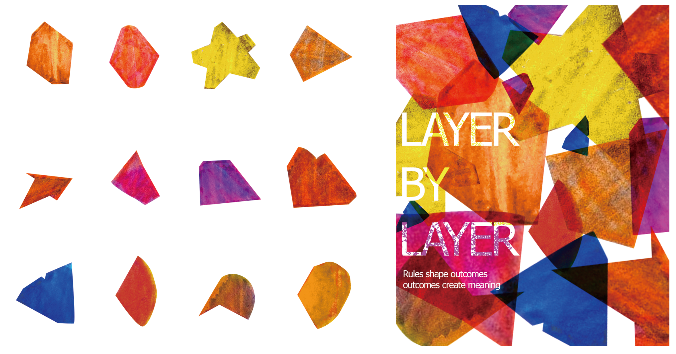 Through overlapping transparency, new hues and intricate intersections emerged. The resulting compositions were documented and reassembled into graphic posters, translating a digital concept of layering into a tactile, generative process.