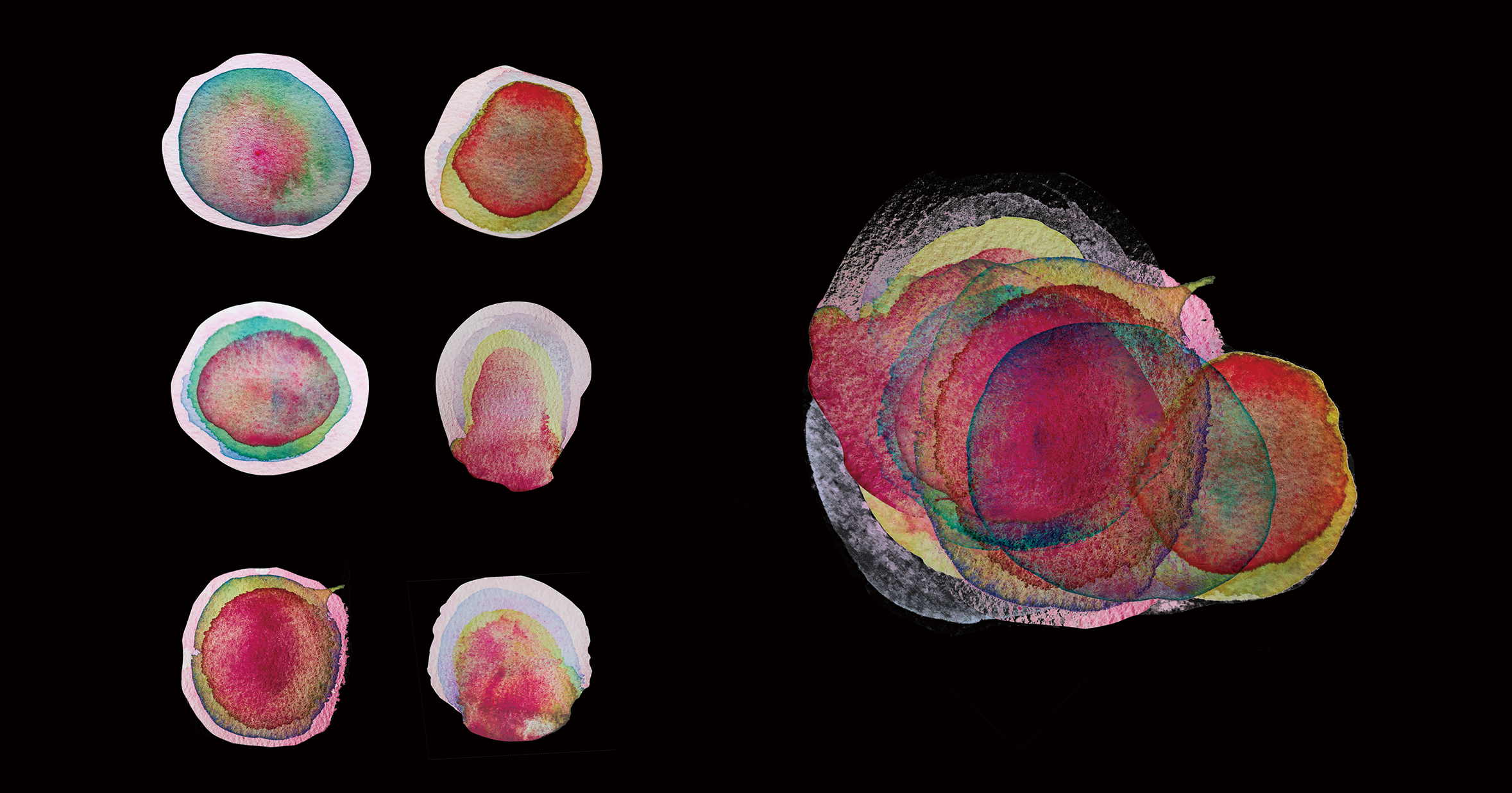Building on the previous tracing paper layering study, this iteration explores the metaphor of mineral crystal growth. Using watercolor and controlled physical conditions, each layer is created by timed pigment pulses on a wetted surface. Two key variables — time intervals and board tilt angles — are introduced to influence how colors expand and settle. The process documents how abstract geological growth can be translated into a visual system, generating organic, ring-like formations that echo natural strata.
