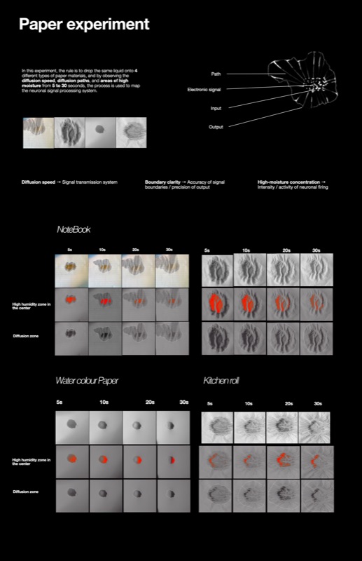 In this experiment, the rule is to drop the same liquid onto 4
different types of paper materials, and by observing the
diffusion speed, diffusion paths, and areas of high
moisture from 5 t o 30 seconds, the process is used to map
the neuronal signal processing system.